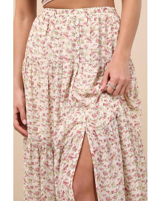 Lulus Natural Subtle Sweetness Cream Floral Print Tiered Maxi Skirt