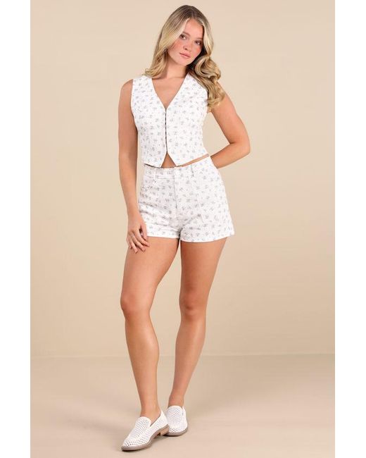 Lulus White Hanan Ditsy Floral High-Rise Twill Shorts
