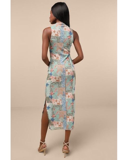 Lulus Natural Ziya Multi Floral Mesh Mock Neck Midi Dress