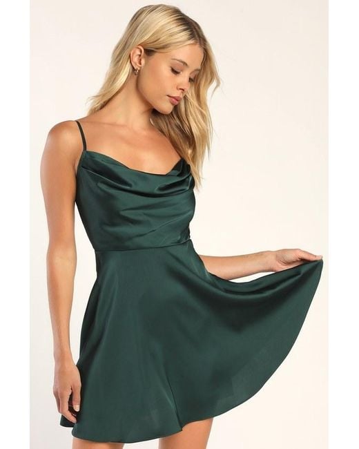 Lulus Green Fanciful Flirt Emerald Satin Cowl Neck Skater Mini Dress