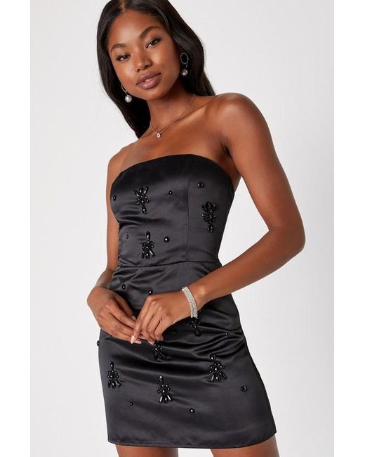 Lulus Black Glamorous Stunner Satin Beaded Strapless Mini Dress