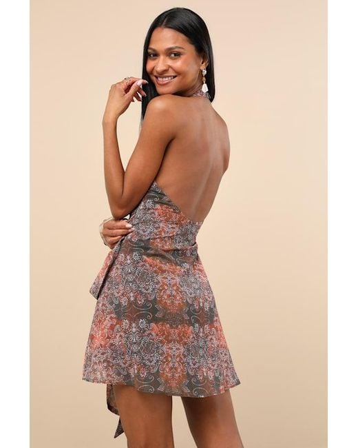 Lulus Brown Felicita Boho Print Halter Wrap Mini Dress