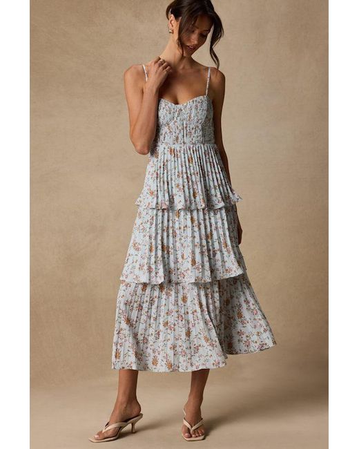Lulus Natural Cascading Crush Pale Floral Print Tiered Bustier Midi Dress