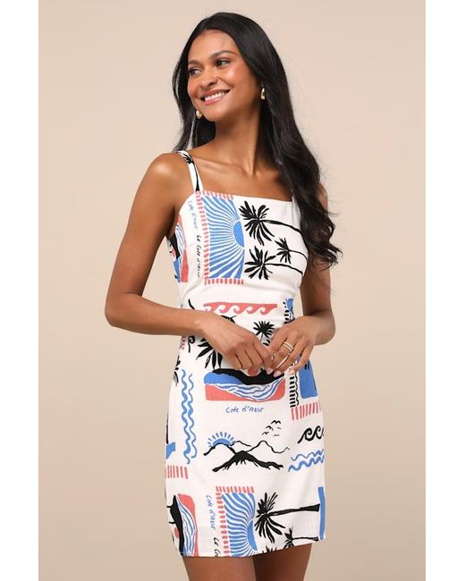 LOST AND WANDER White Azure Paradiso Multi Print Tie-Back Mini Dress