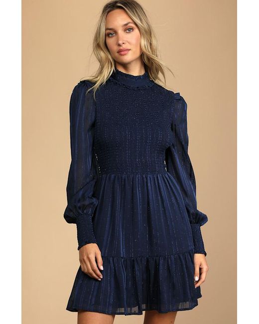 Lulus Blue Heartful Romance Striped Smocked Long Sleeve Mini Dress