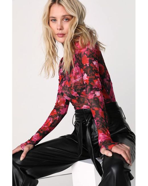 Steve Madden Pink Eliza Rose Print Sheer Mesh Mock Neck Long Sleeve Top