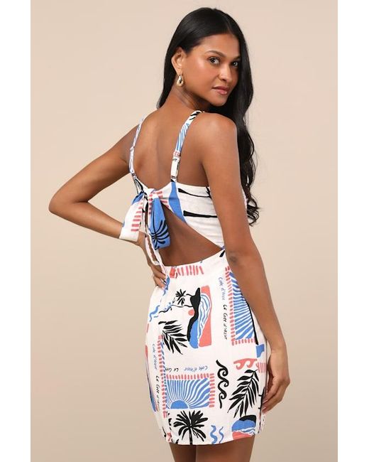 LOST AND WANDER White Azure Paradiso Multi Print Tie-Back Mini Dress