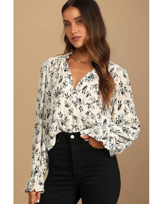 Lulus Natural Keep Things Classy Floral Print Button-Up Long Sleeve Top