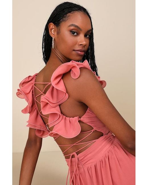 Lulus Red Soiree Celebration Rusty Rose Ruffled Lace-Up Maxi Dress
