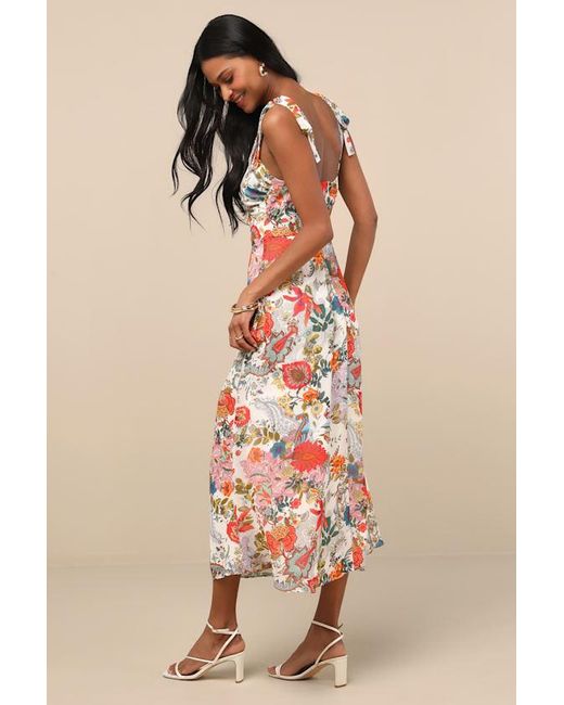 Lulus Natural Simply Blissful Multi Floral Tie-Strap A-Line Midi Dress