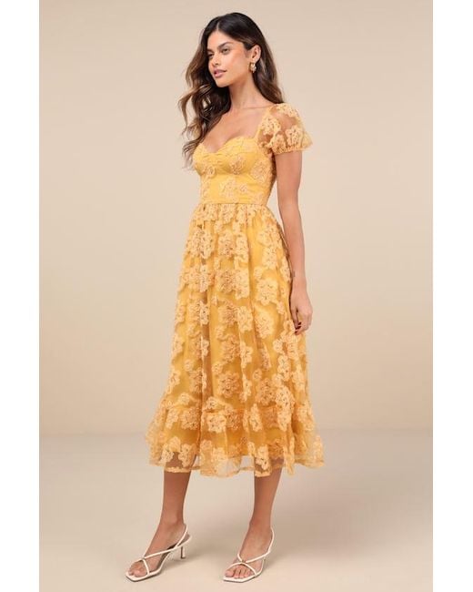 Lulus Yellow Notable Elegance Mesh Floral Applique Bustier Midi Dress