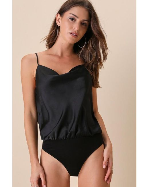 Lulus Black Emmerson Satin Sleeveless Cowl Neck Bodysuit