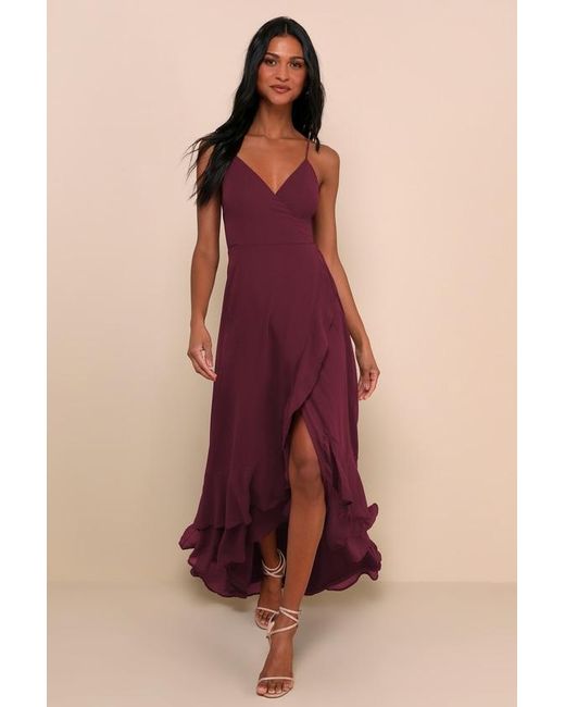 Lulus Red In Love Forever Plum Lace-Up High-Low Maxi Dress