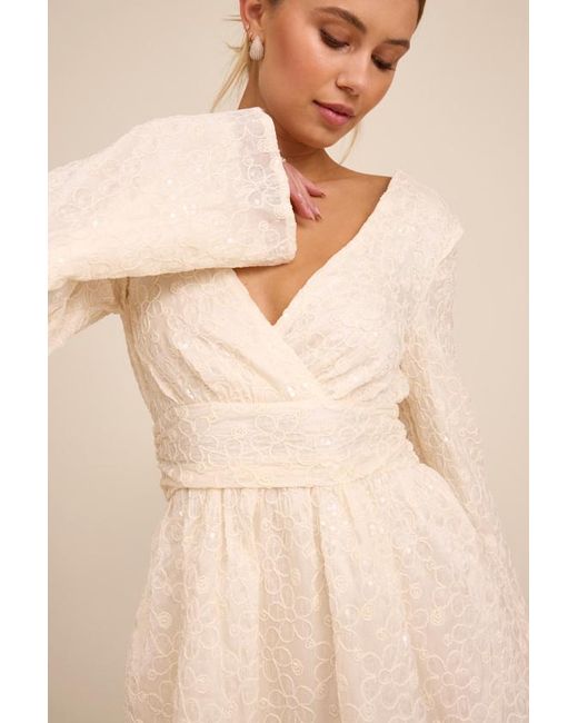 Lulus Natural Catarina Embroidered Sequin Long Sleeve Mini Dress