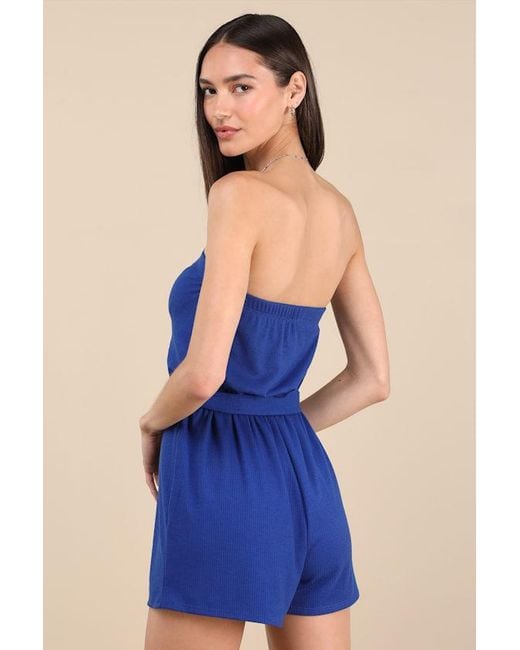 Lulus Blue Leisurely Moments Ribbed Knit Strapless Lounge Romper