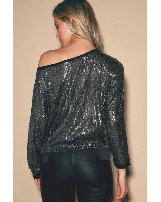 Lulus Black Sequins Of Events Gunmetal Dolman Sleeve Top