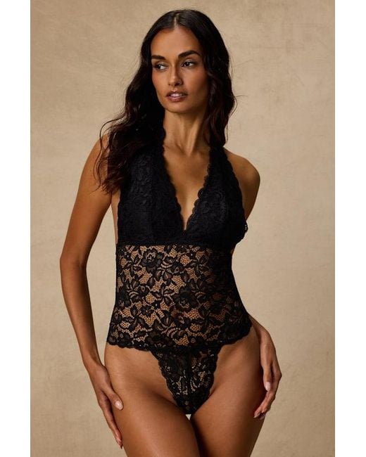 Lulus Brown Lara Sheer Lace Halter Bodysuit