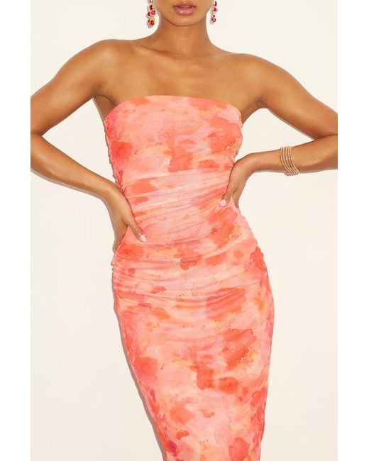 Lulus Orange Late Night Crush Multi Mesh Ruched Strapless Midi Dress