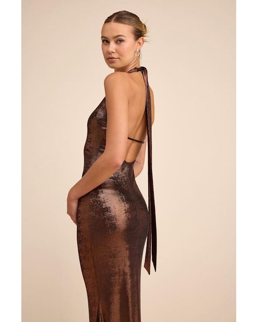 Lulus Airla Shiny Bronze Slinky Knit Halter Maxi Dress in Natural | Lyst