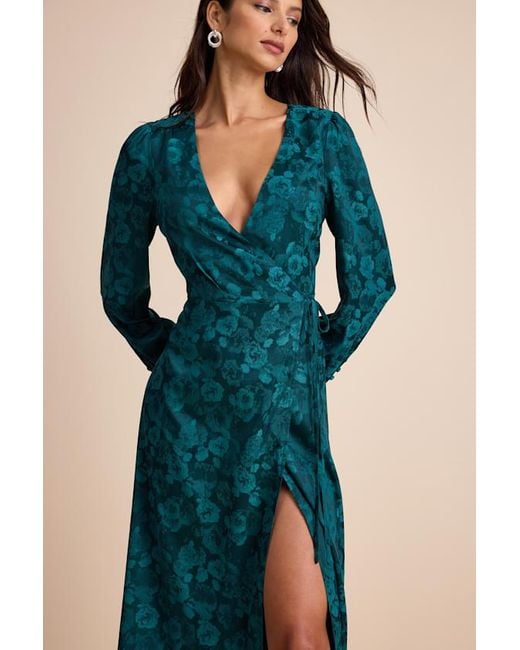 Lulus Blue Maryn Satin Jacquard Wrap Maxi Dress