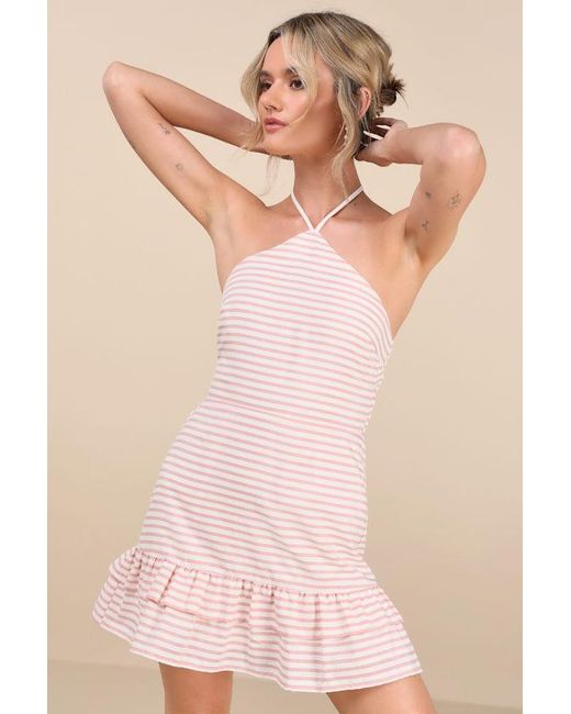Lulus Pink Corilie And Striped Halter Mini Dress