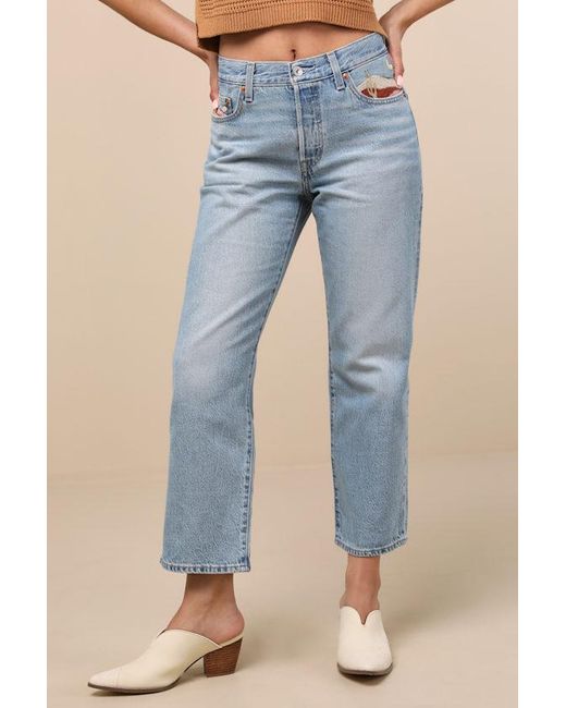 Levi's Blue 501 90's Ankle Light Wash Embroidered Straight Leg Jeans