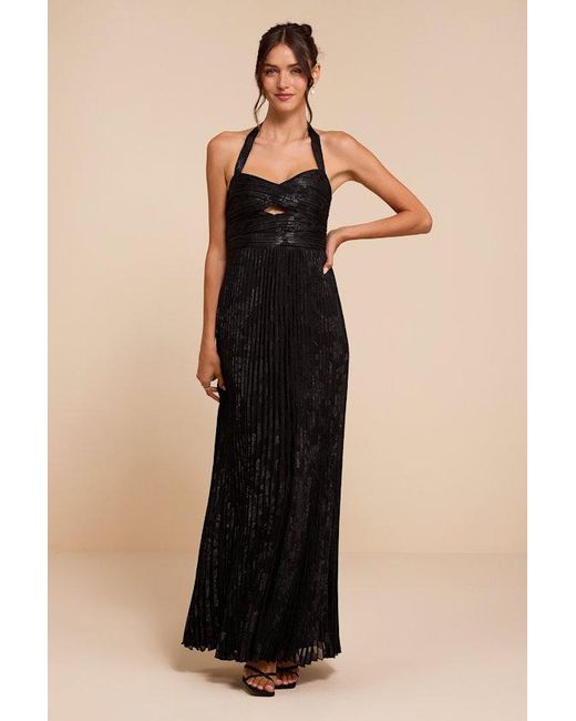 Lulus Black Krystal Floral Pleated Halter Maxi Dress