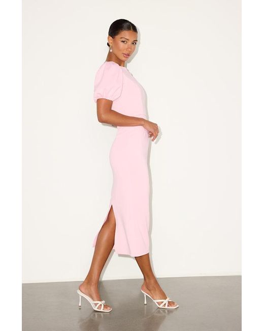 Lulus Pink Simply Beloved Puff Sleeve Bodycon Midi Dress