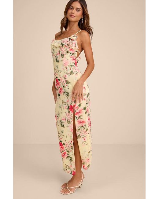 Lulus Natural Emery Floral Asymmetrical Ruffled Maxi Dress