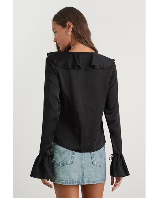 Lulus Black Tanisha Satin Ruffled Tie-Front Long Sleeve Top
