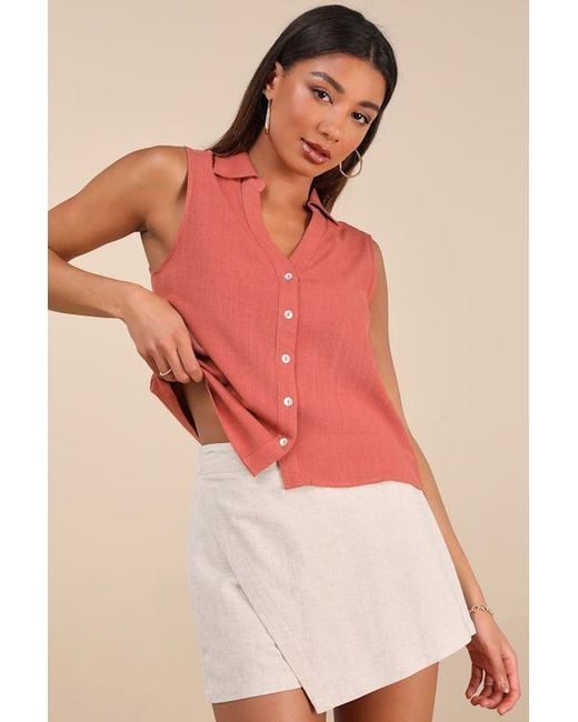 Lulus Pink Casual Contentment Terracotta Linen Button-Up Collared Tank Top