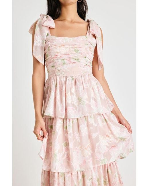 Lulus Pink Baina Blush Floral Jacquard Tiered Midi Dress