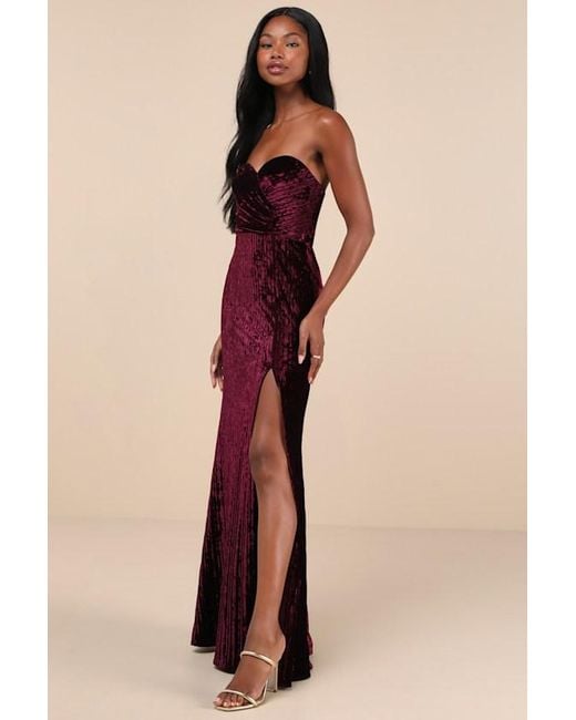 Lulus Purple Classy Sensation Plum Velvet Pleated Strapless Maxi Dress
