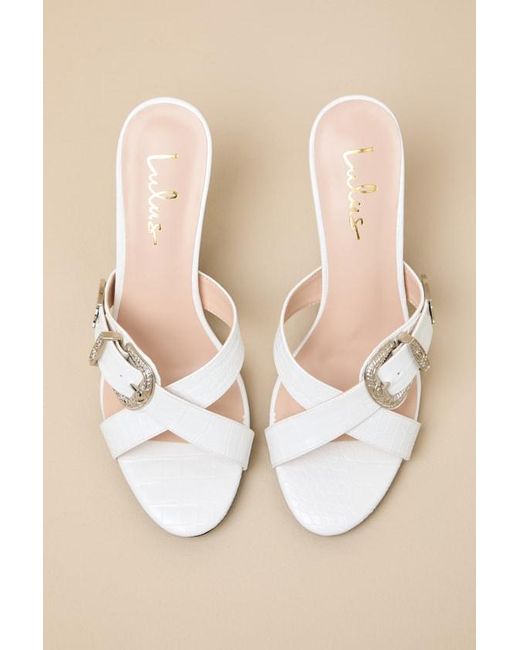 Lulus White Zania Bone Croc-Embossed High Heel Slide Sandals