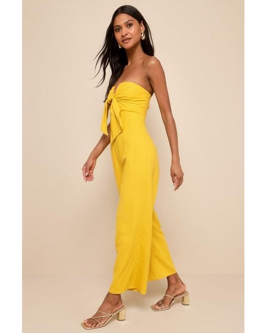 Lulus Yellow Sunshine Aura Tie-Front Strapless Jumpsuit