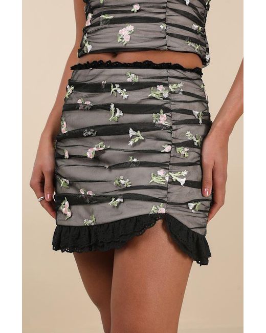 Lulus Black Terese Mesh Floral Embroidered Mini Skirt