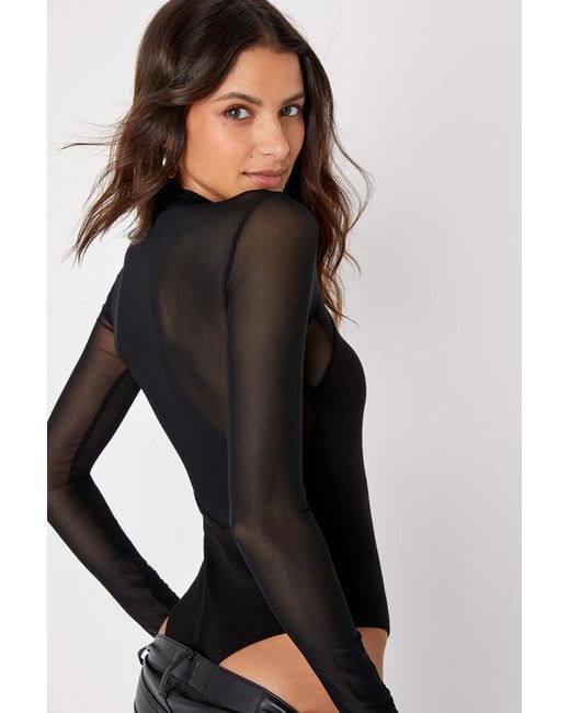 Lulus Black Entrancing Mesh Long Sleeve Bodysuit