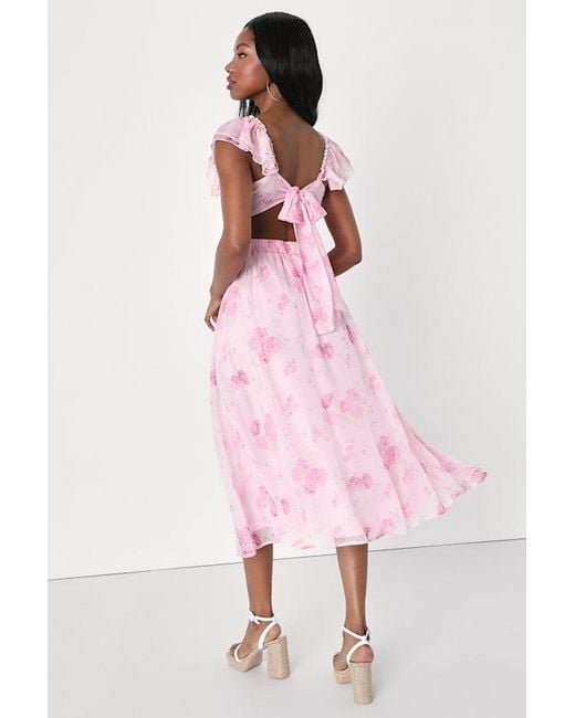 Lulus Pink Loveliest Darling Floral Ruffled Tie-Back Midi Dress