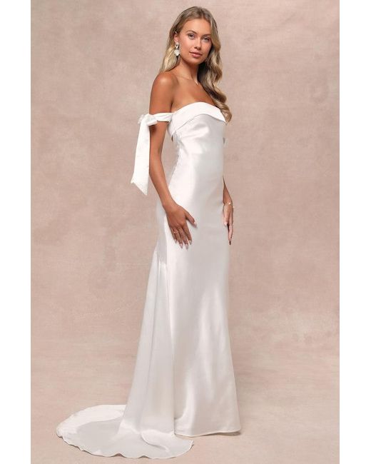 Lulus Natural Eternally Loved Cutout Satin Off-The-Shoulder Maxi Dress