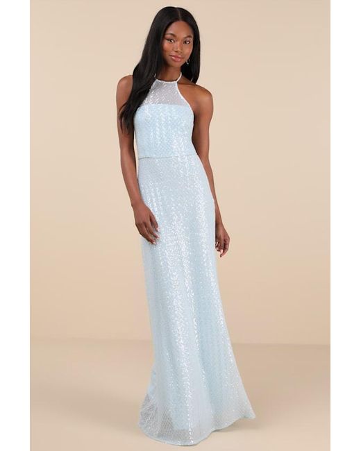 Lulus Blue Kalina Sequin Halter Maxi Dress