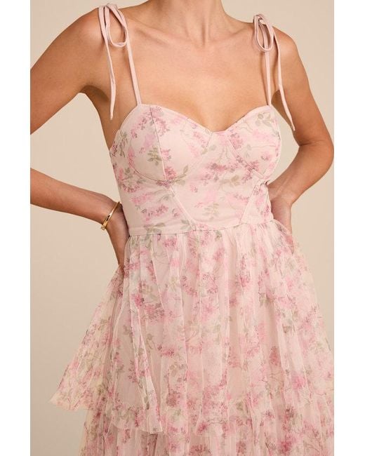 Lulus Pink Blissfully Gorgeous Blush Floral Tie-Strap Bustier Maxi Dress