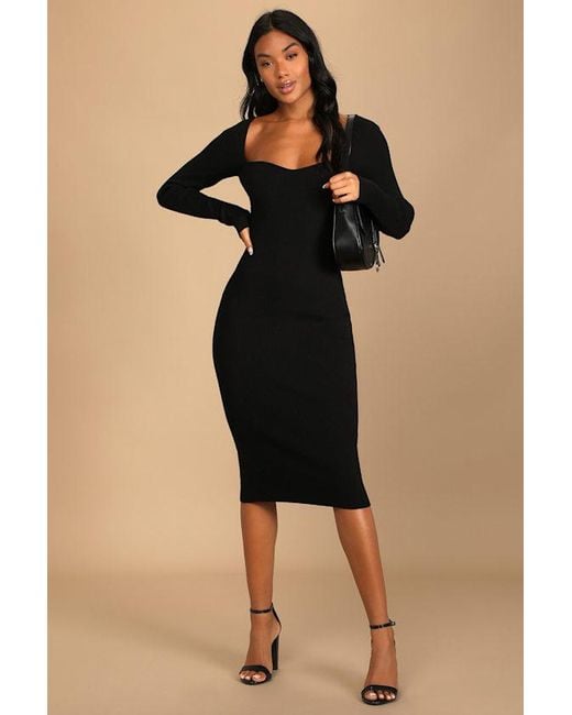 Lulus Black Fall Feelings Ribbed Bodycon Midi Dress
