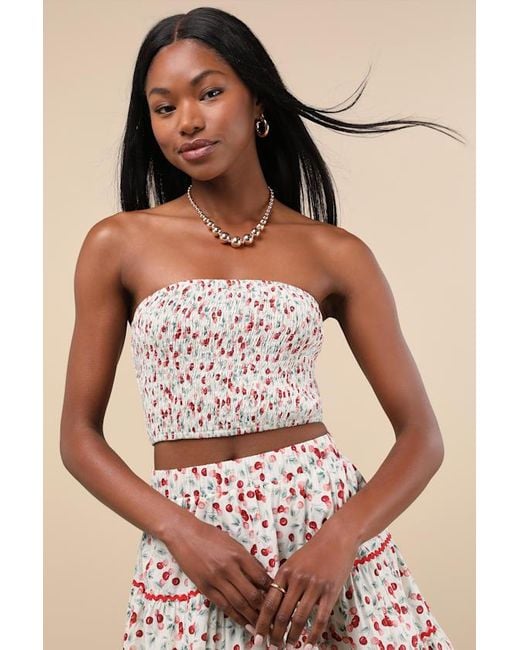 Lulus White Chelan Cherry Print Smocked Strapless Crop Top