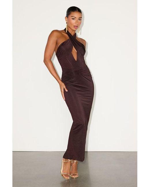 Lulus Brown Tailynn Dark Slinky Knit Cross-Front Maxi Dress