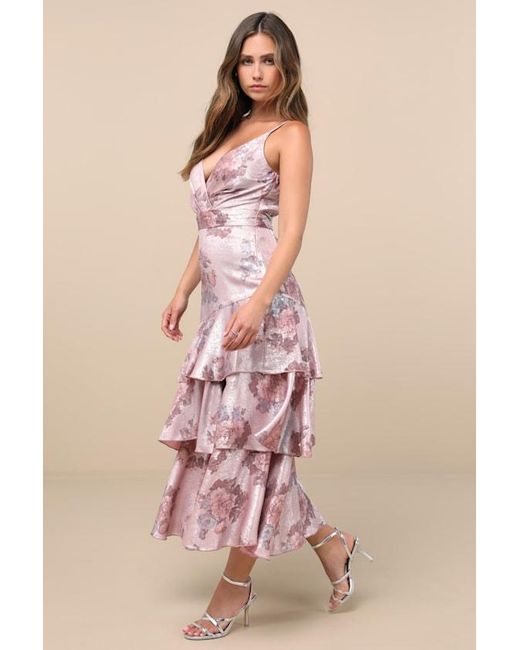 Lulus Pink Seraphelle Floral Satin Surplice Tiered Midi Dress
