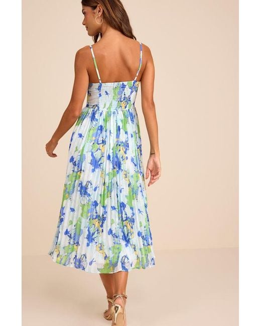 Lulus Blue Dorothy Multi Floral Print Pleated Midi Dress