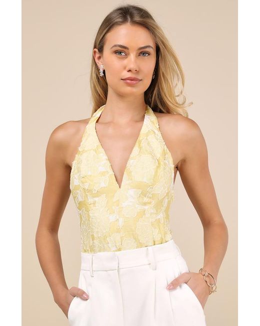Lulus Yellow Lilou Jacquard Halter Bodysuit