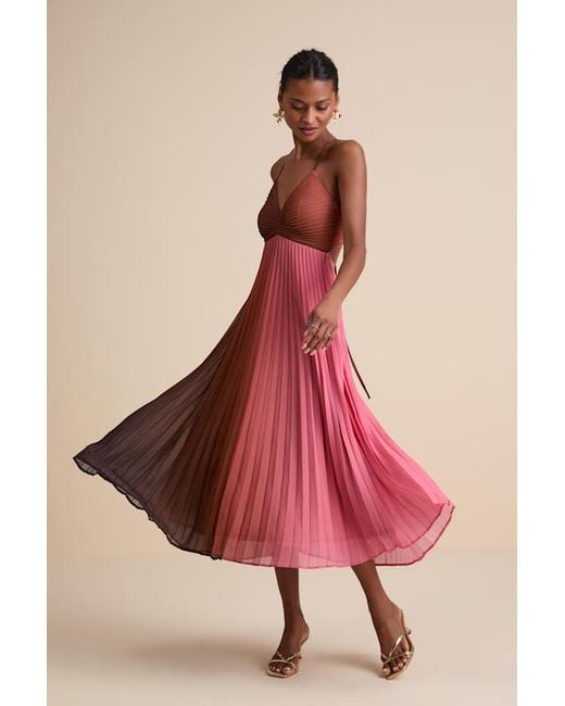 Lulus Pink Belisse Rust Ombre Pleated Lace-Up Midi Dress