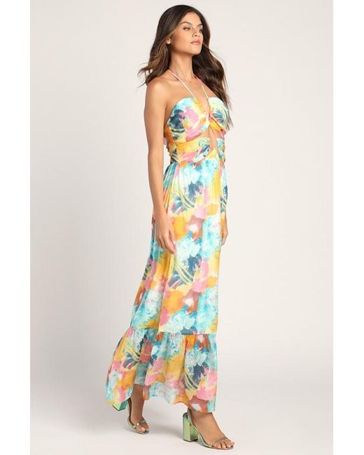 Lulus White Stunning One Multi Abstract Print Drawstring Halter Maxi Dress