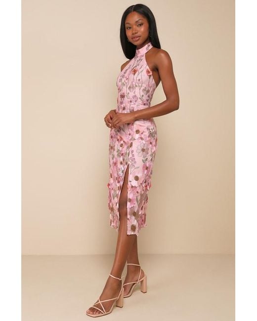 Lulus Pink Unique Impression 3D Floral Embroidered Halter Midi Dress